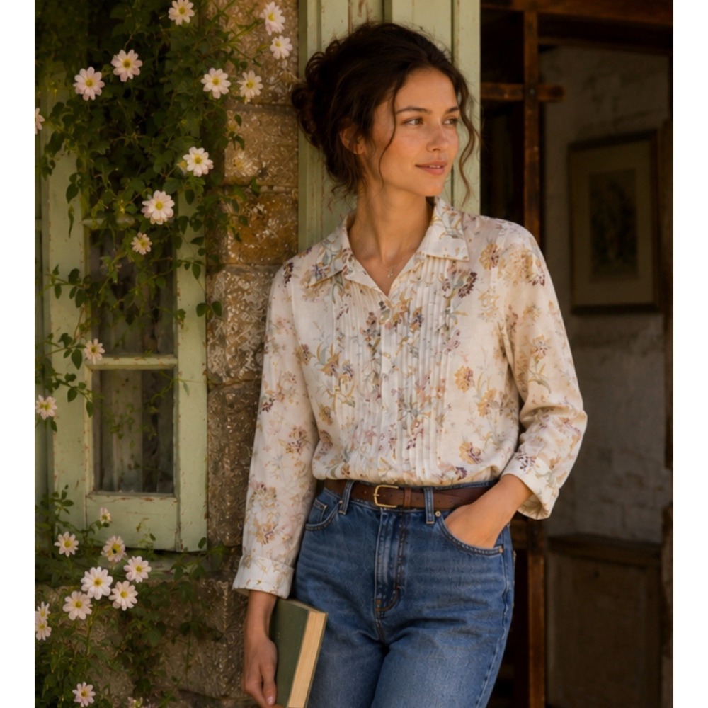 Vintage Lauren Ralph Lauren Womens Floral Pintuck Blouse L Petite Cottage Cotton